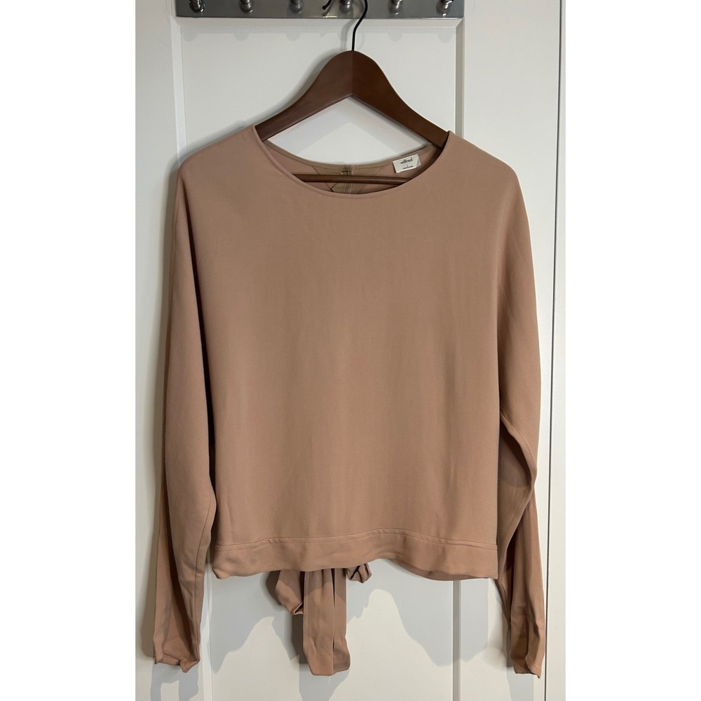 Wilfred Aritzia Tan Open Back Tie Hem Long Sleeve Blouse Silk Trim Size L
